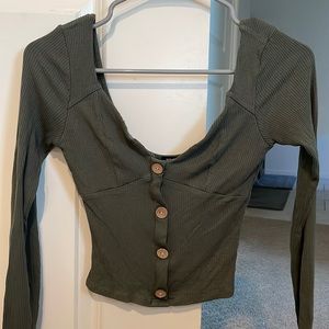 Olive green long sleeve button detail crop top